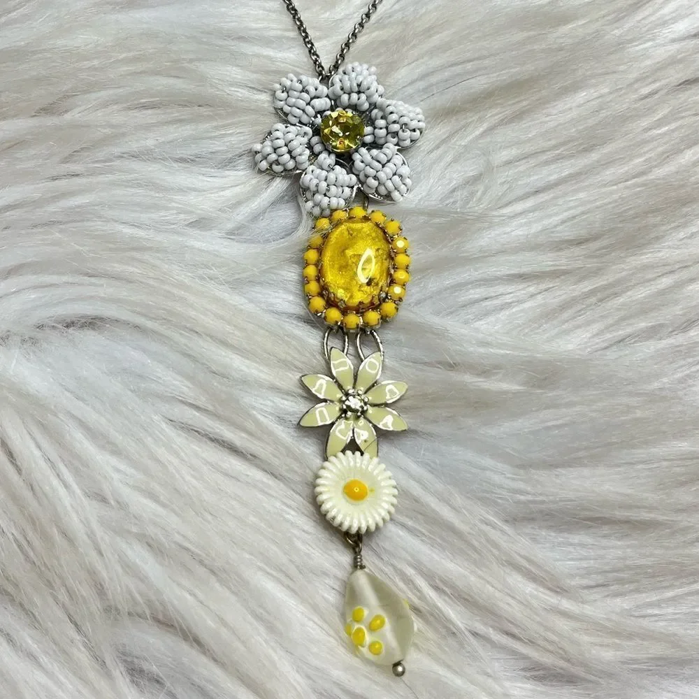 Bohm Vintage Floral Beaded Tiered Necklace Yellow White and Silver